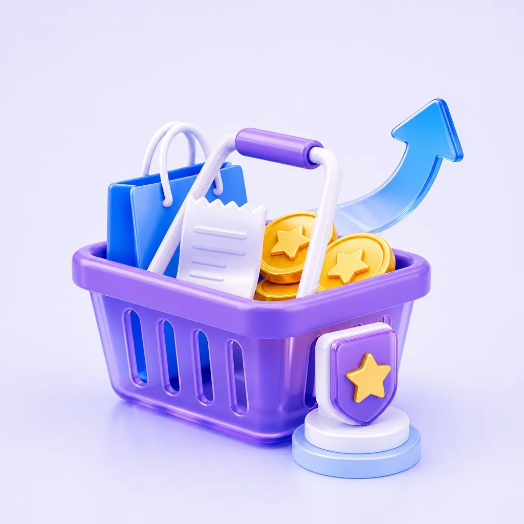 Shopping basket and upward arrow representing higher transaction value