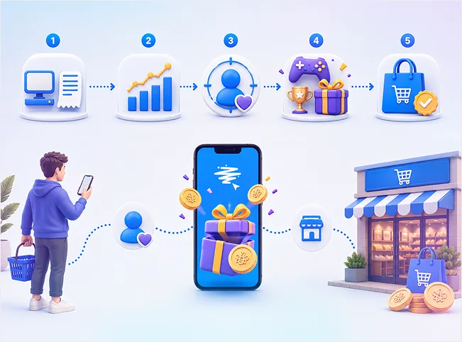 Retail loyalty journey from purchase data and customer behavior to a personalized game, reward and return visit