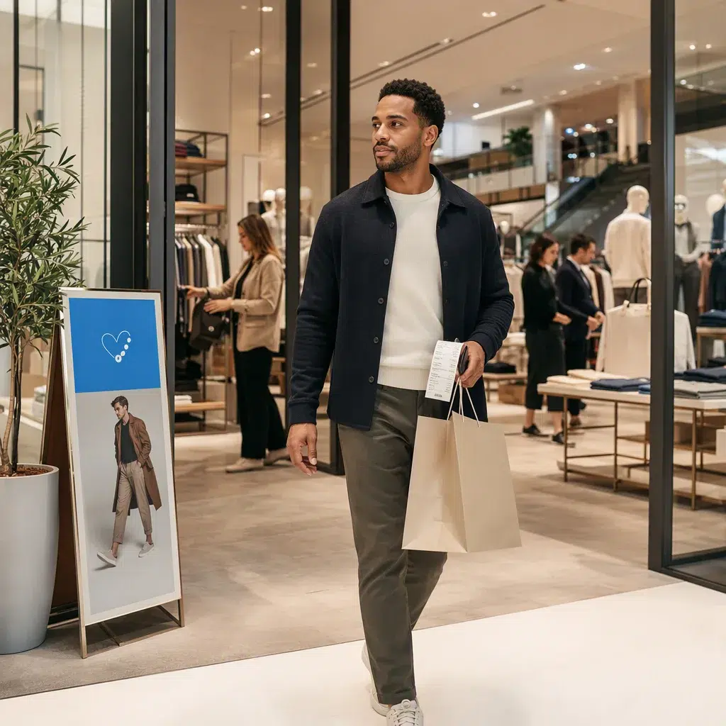 Shopper leaving a retail store with a purchase and receipt