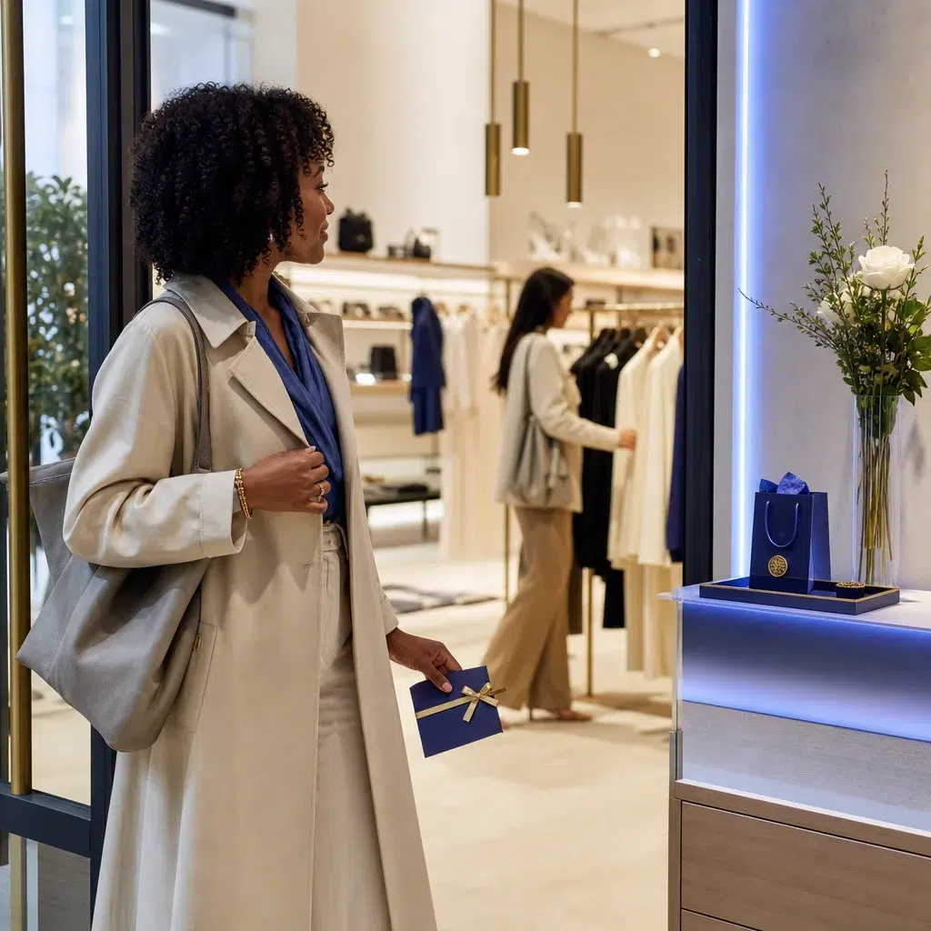 Retail shopper holding a private gift offer inside a participating store