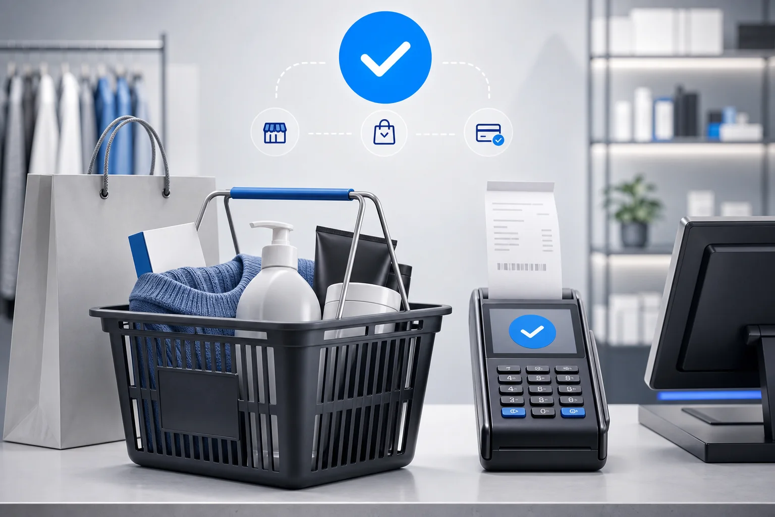 Retail basket and checkout representing a completed qualifying purchase