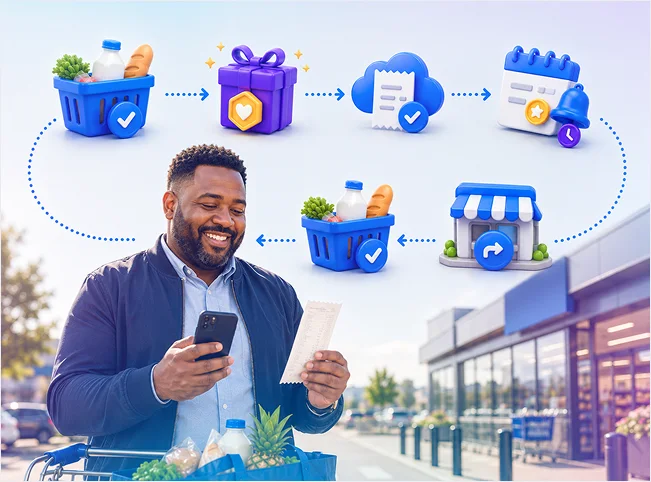 Retail shopper reviewing a receipt within a verified purchase, reward and return-visit journey