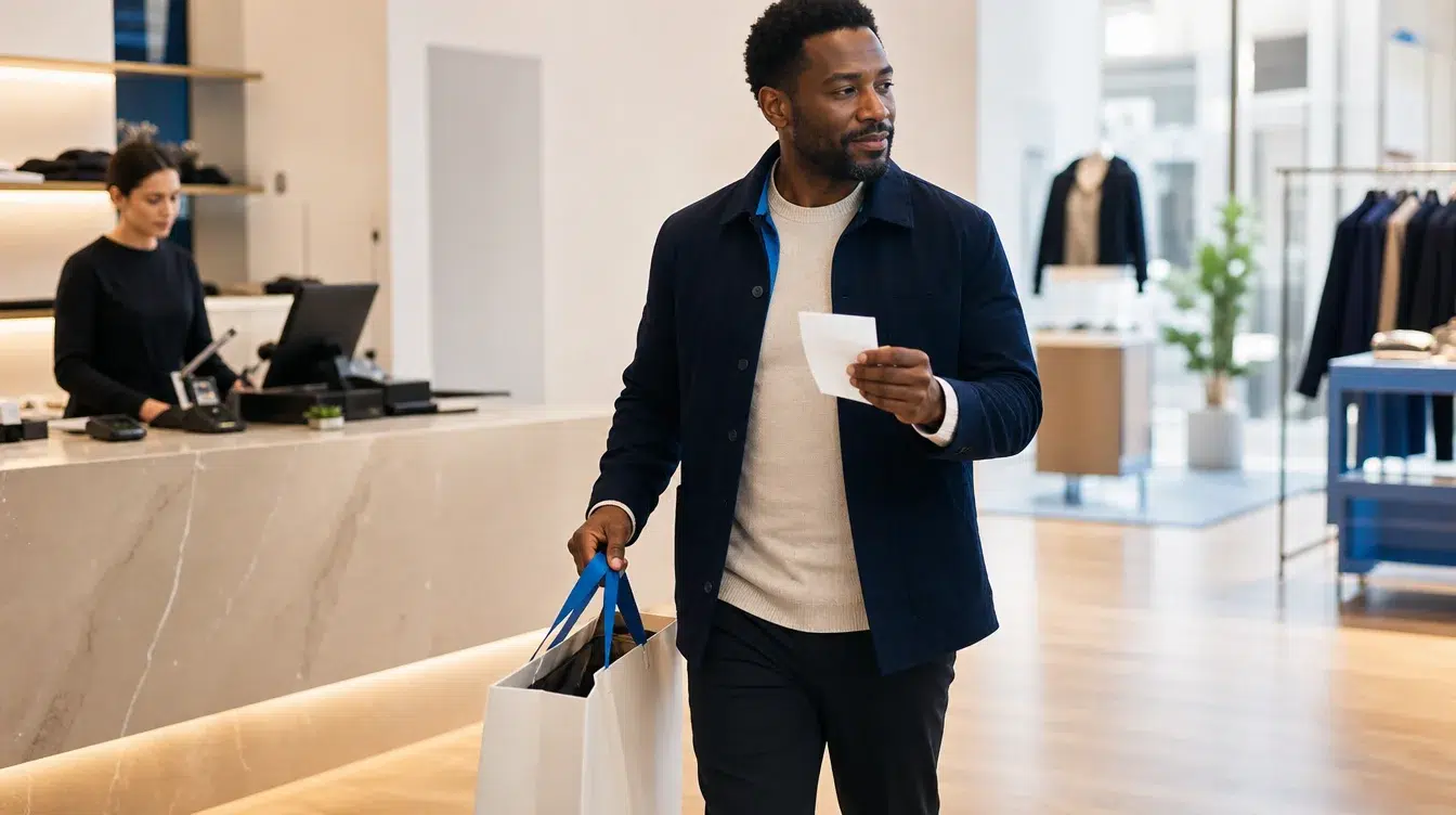 A shopper leaving a retail store with a receipt and shopping bags