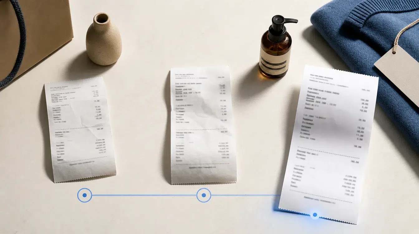 Three retail receipts arranged as a timeline of purchase history