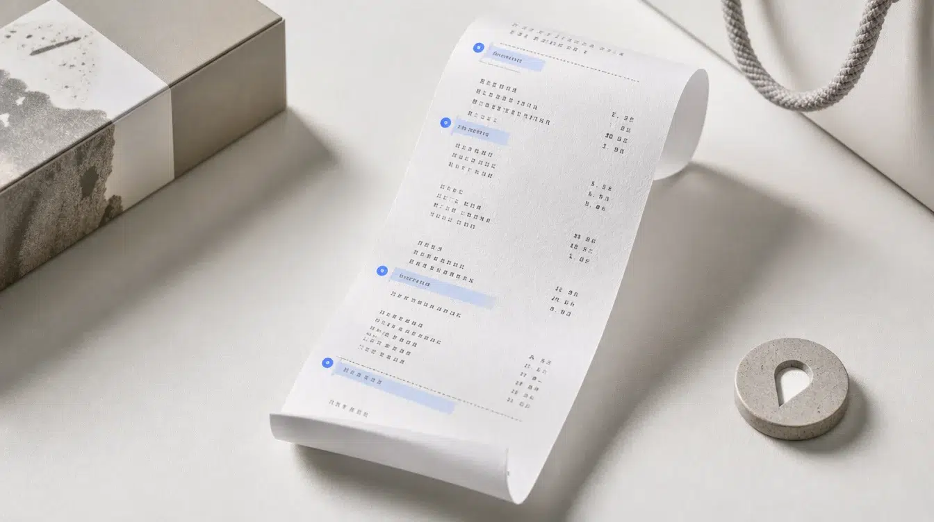 A retail receipt with highlighted purchase details and store location