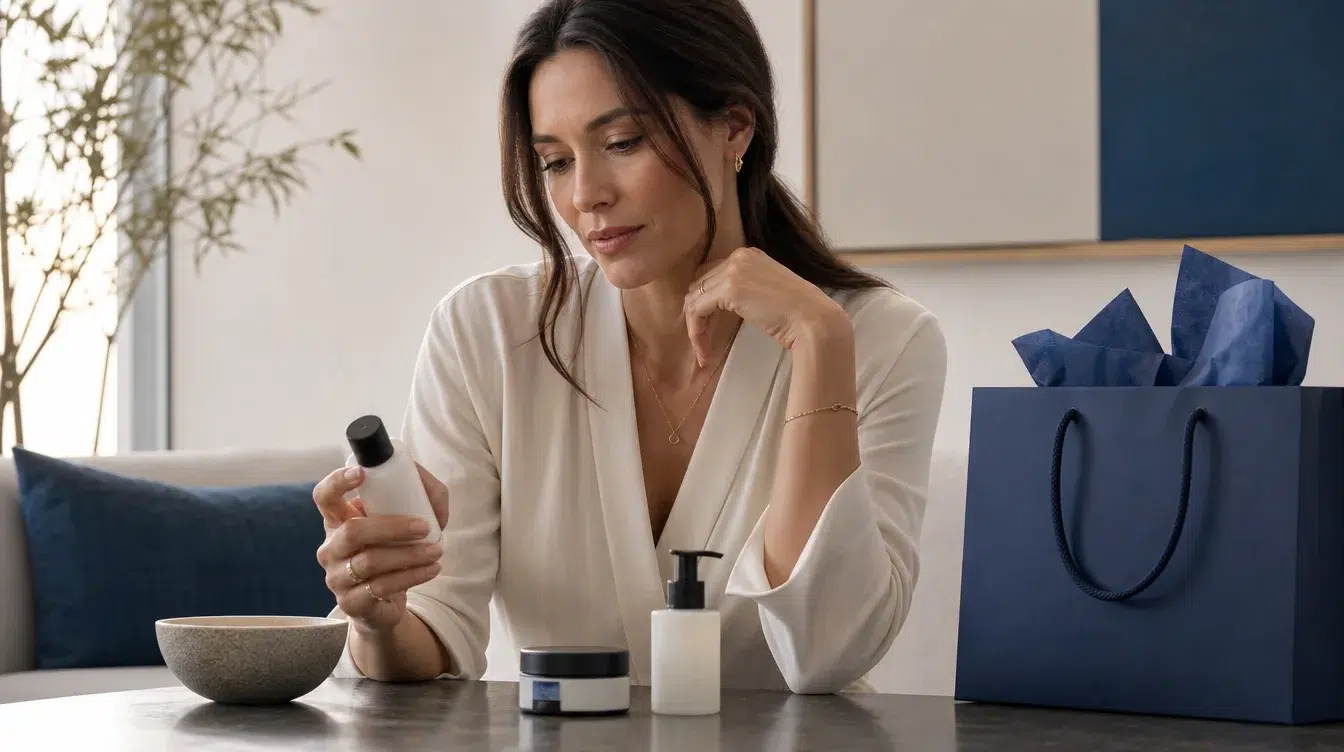 A shopper reviewing a beauty product after a purchase