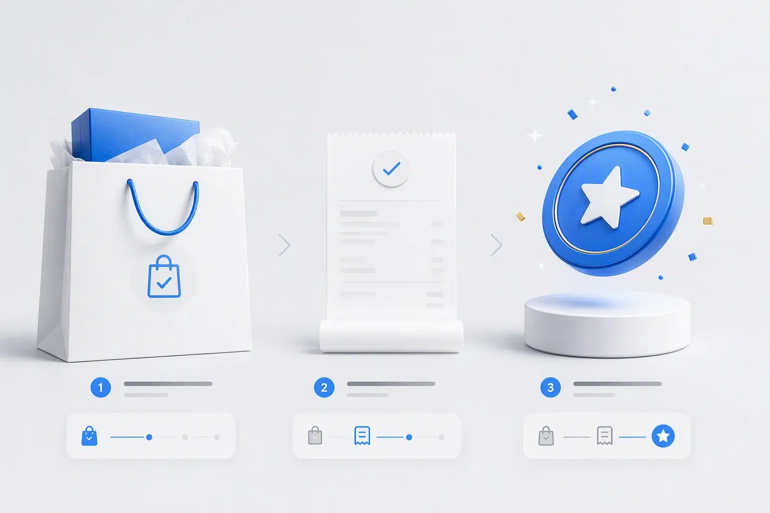 A shopping bag, receipt and reward token illustrating a qualifying purchase journey