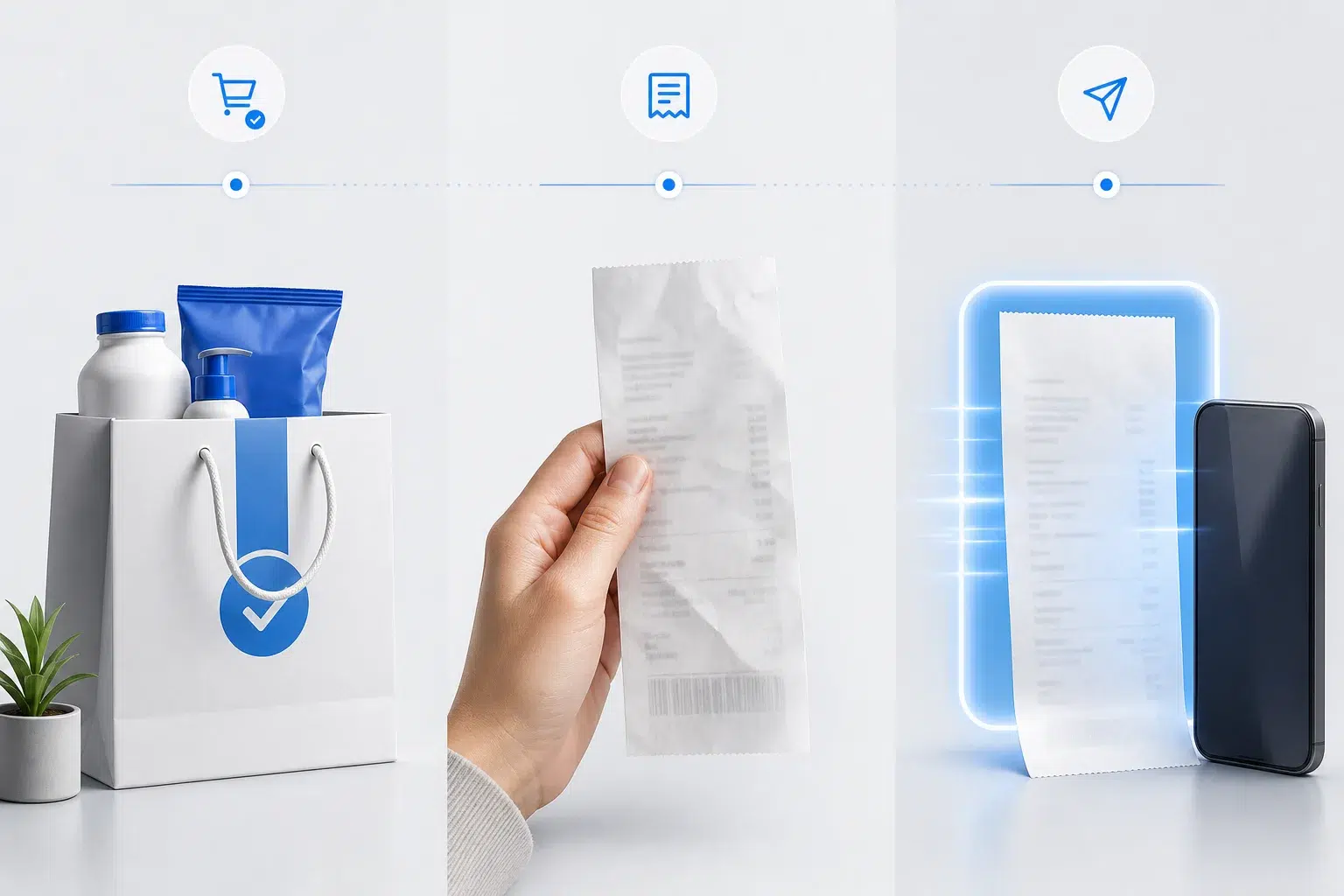 A purchase, receipt submission and mobile return experience shown in sequence