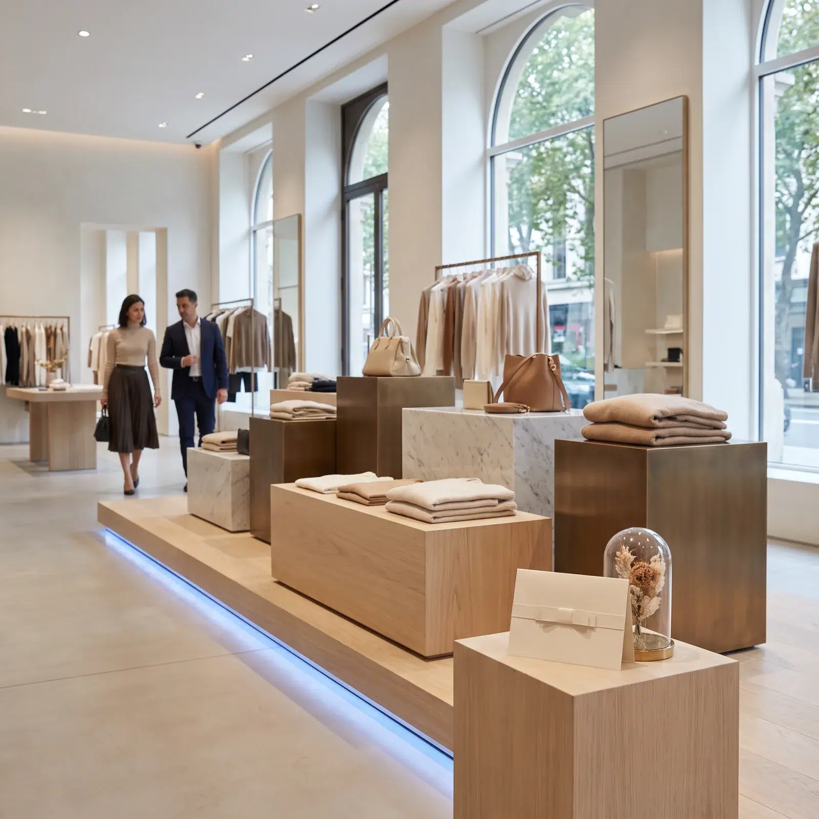 A modern retail store interior with product displays