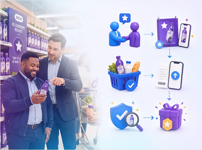 Retail team presenting a featured product promotion from in-store discovery through verified purchase and reward