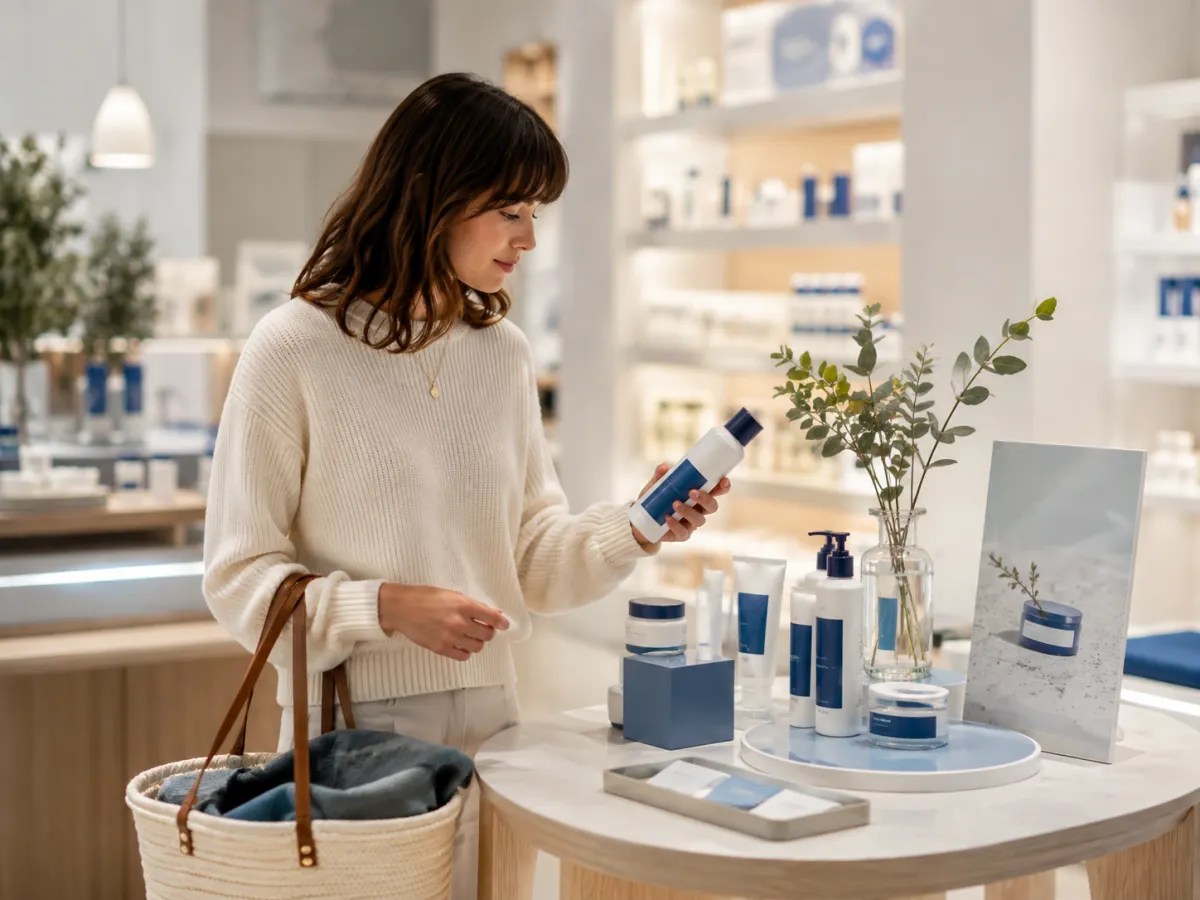 Shopper evaluating the promoted featured product in store