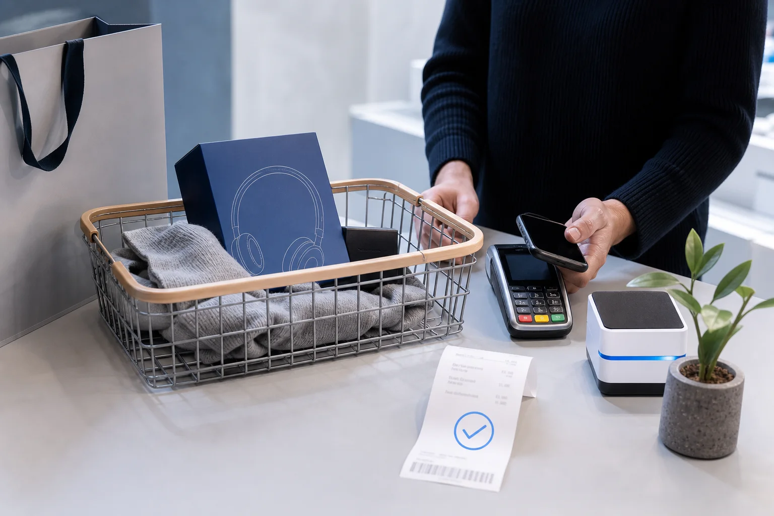 Completed retail purchase with basket, payment terminal and receipt