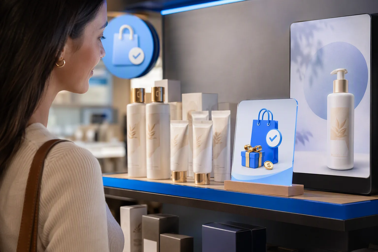 Shopper viewing a branded purchase reward display