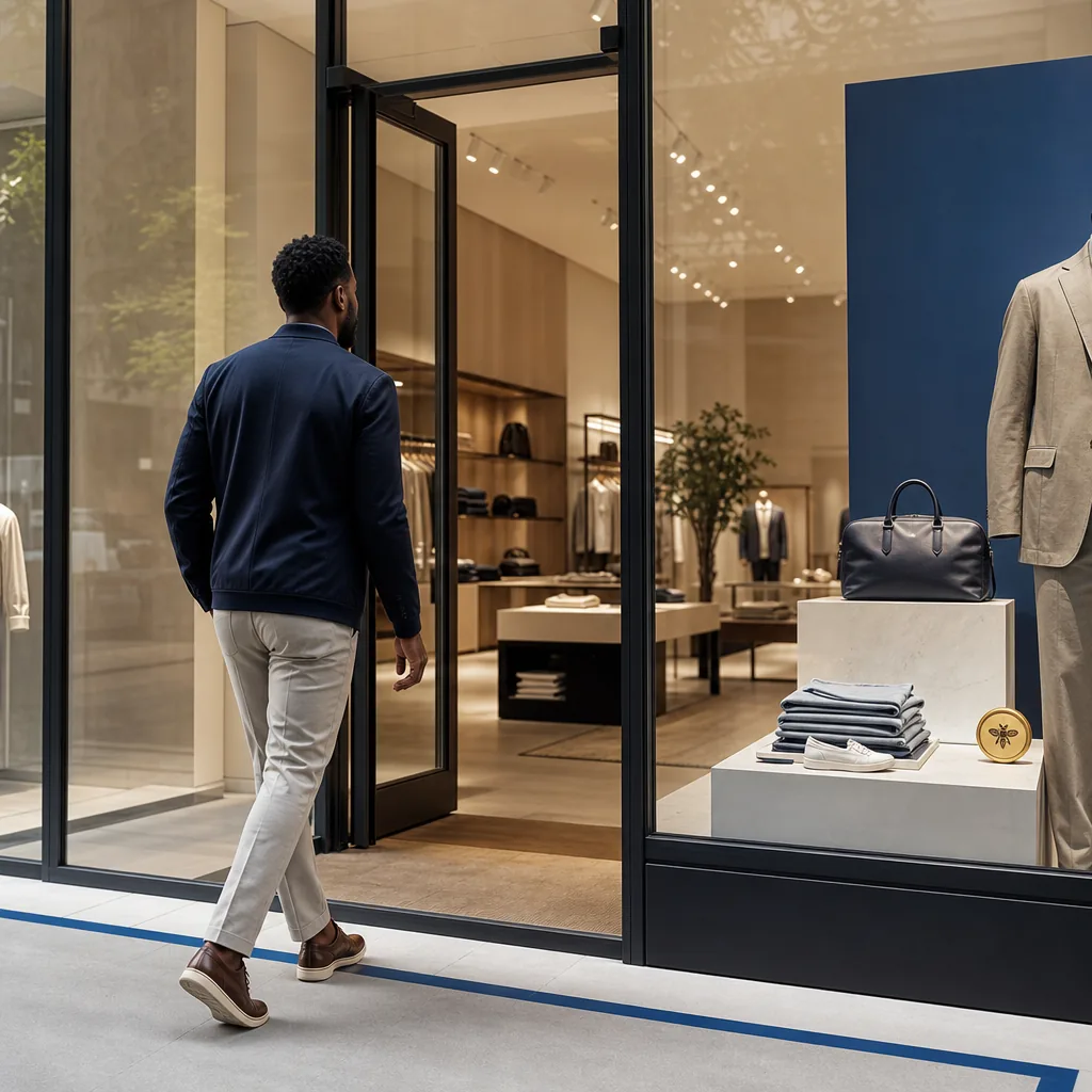 Shopper entering a participating retail store to redeem an offer and make a purchase