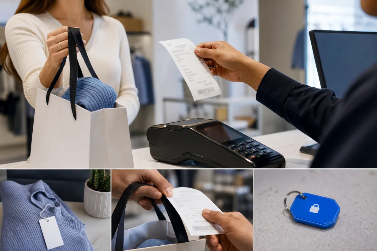 Retail shopper completing a purchase and receiving a transaction receipt