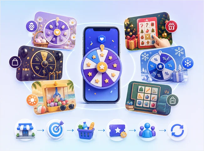 Seasonal retail campaign connecting gamified promotions across Easter, Christmas, winter, summer and back-to-school moments