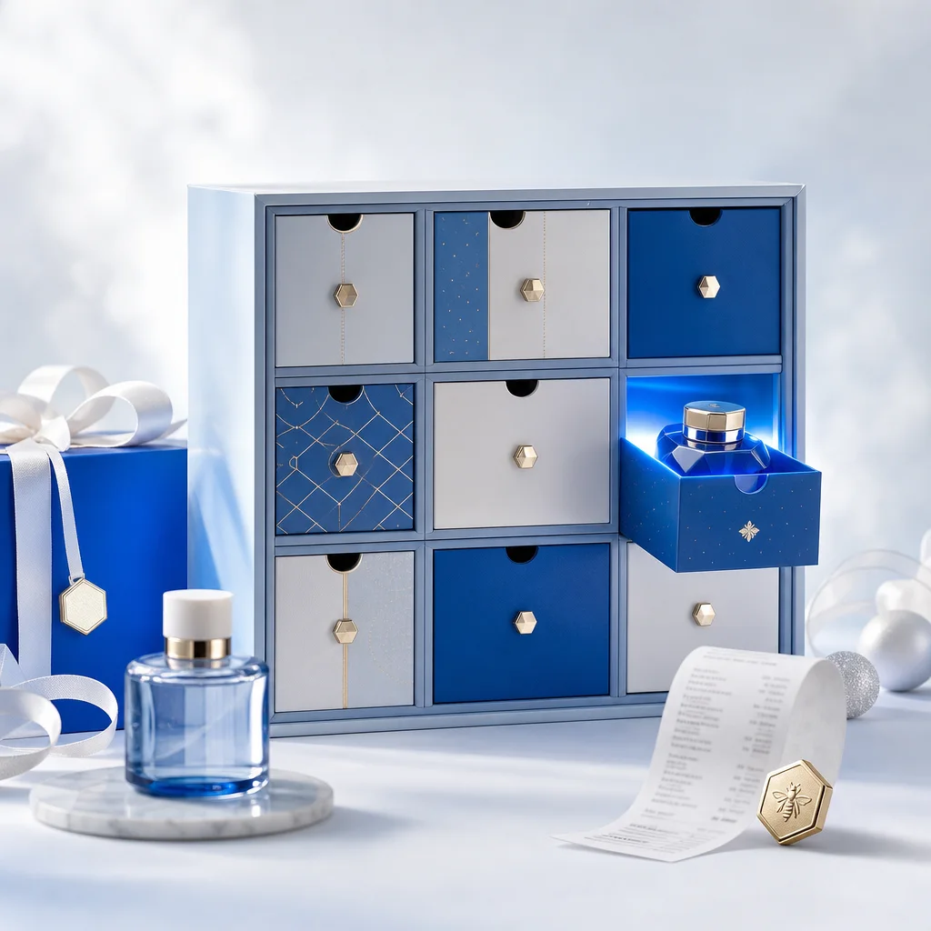Seasonal advent calendar promotion with gifts and a qualifying receipt