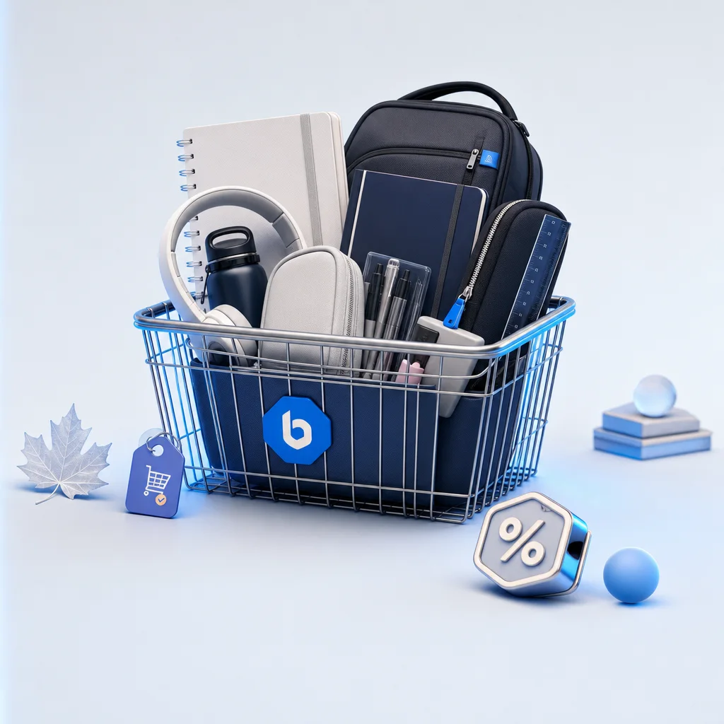 Back-to-school products collected in a retail shopping basket