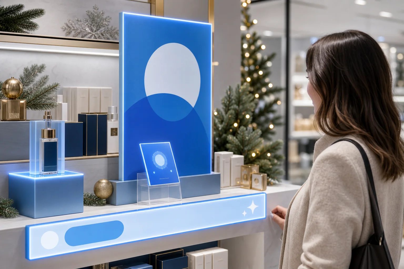 Shopper engaging with an in-store seasonal campaign display