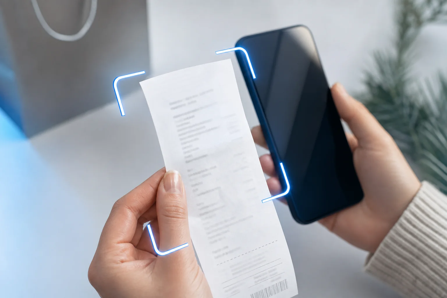 Customer scanning a paper receipt to verify a qualifying purchase