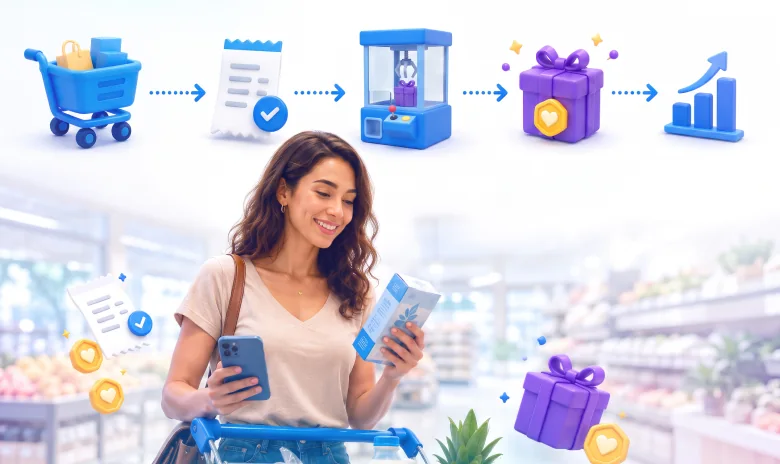 Shopper using a phone in a supermarket with receipt verification, interactive reward and sales growth icons.