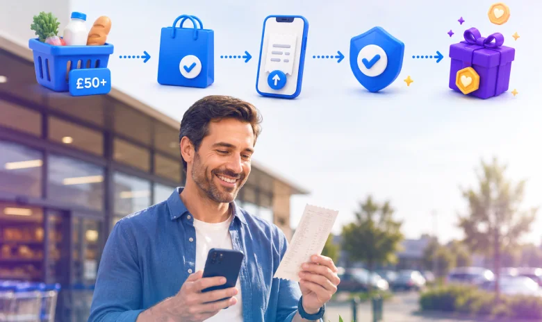 Retail shopper holding a receipt and phone after reaching a £50 spending threshold.