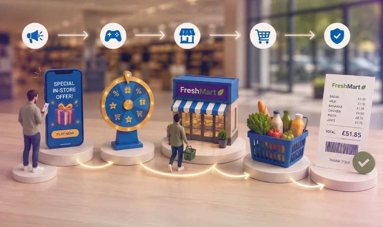 In-store promotion journey from mobile offer and game to store visit, basket purchase and receipt verification.