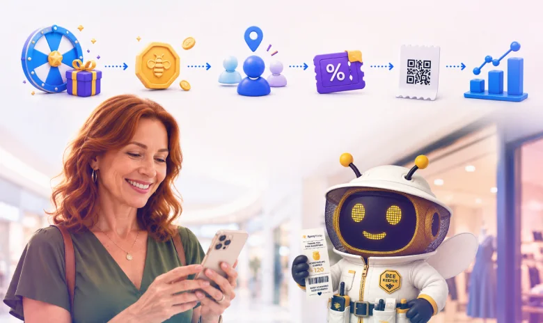 New retail customer acquisition journey with interactive reward, audience targeting, offer, QR code and sales growth icons.