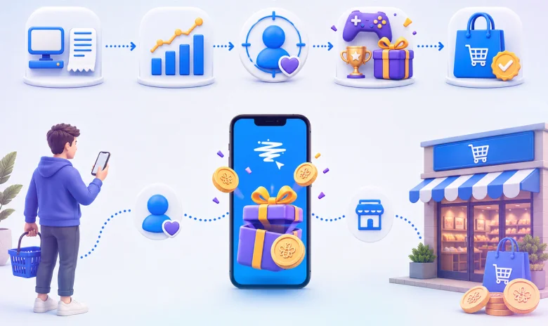 Retail loyalty journey from purchase data and customer recognition to rewards and repeat shopping.