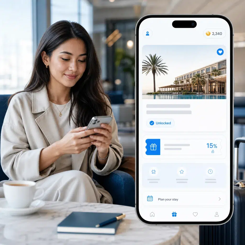 Potential hotel guest viewing an unlocked hotel offer and reward on a mobile phone.