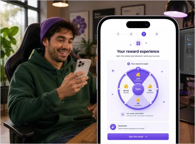 Customer spinning a branded reward wheel after a qualifying Shopify purchase.