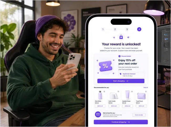 Customer viewing an unlocked discount reward and recommended products after a qualifying purchase.