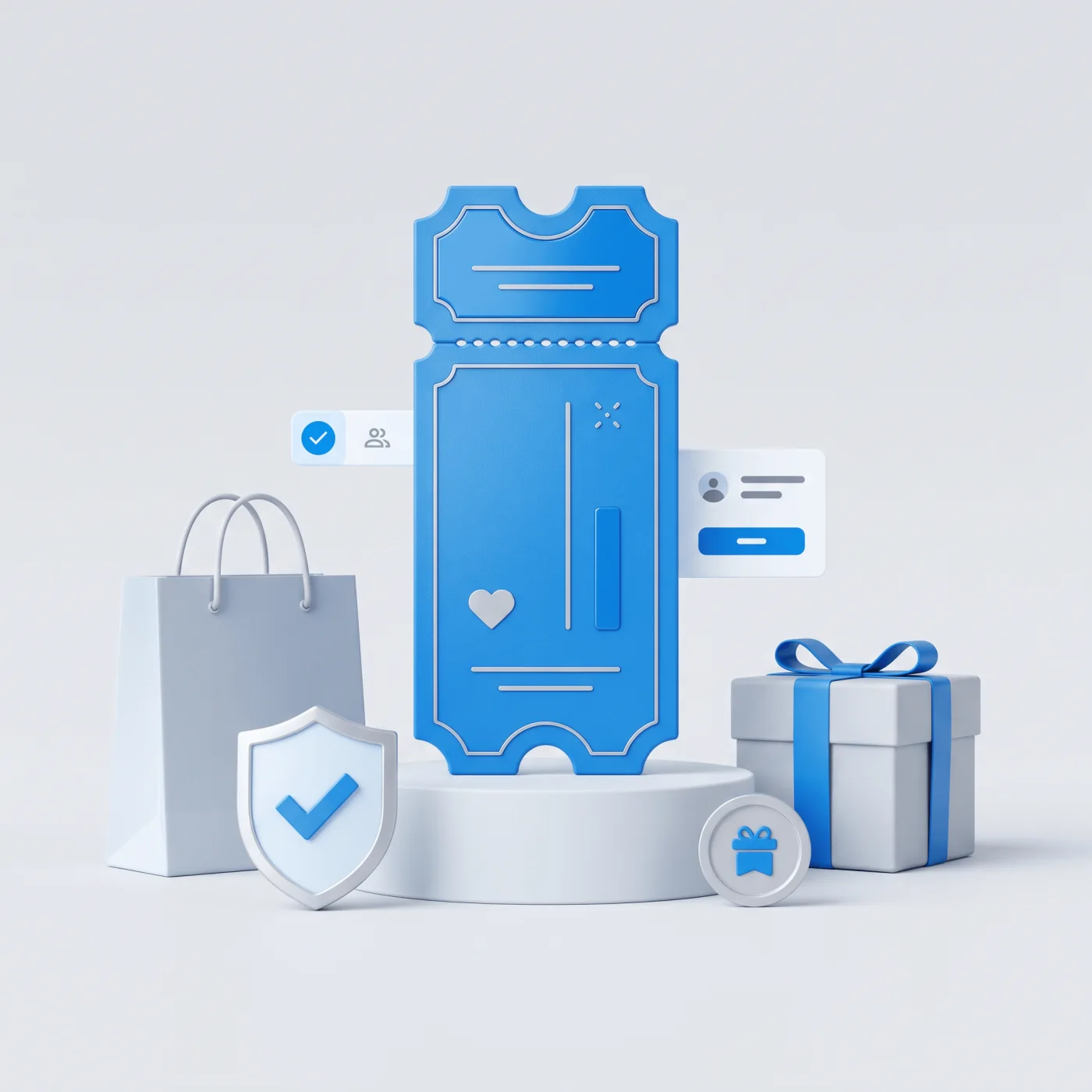 Private ecommerce reward ticket with verification, shopping bag and gift.