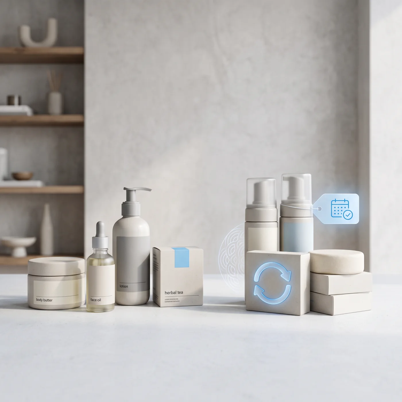 Subscription-ready consumer products displayed with recurring-order symbols