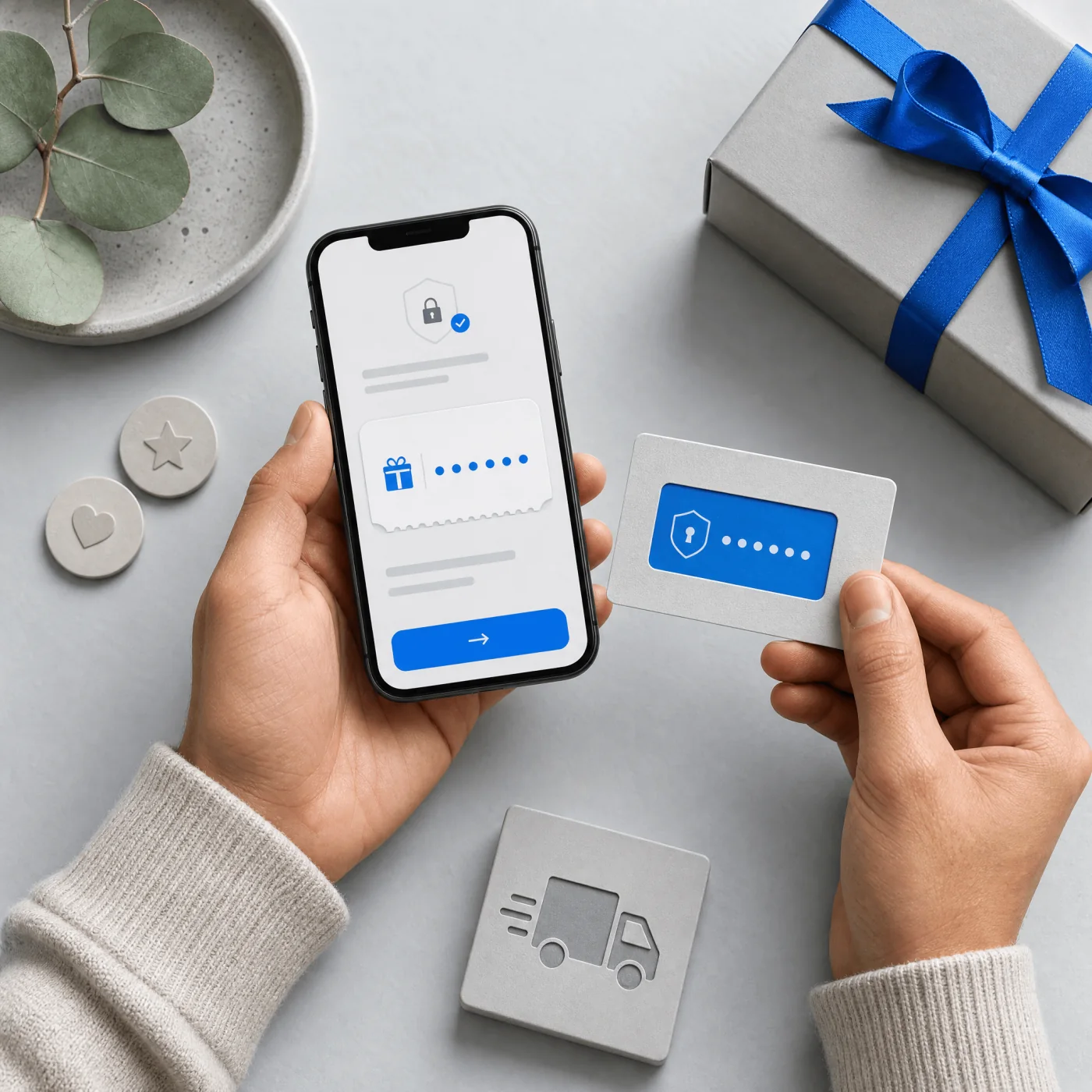 Shopper holding a private ecommerce reward code beside a mobile offer.