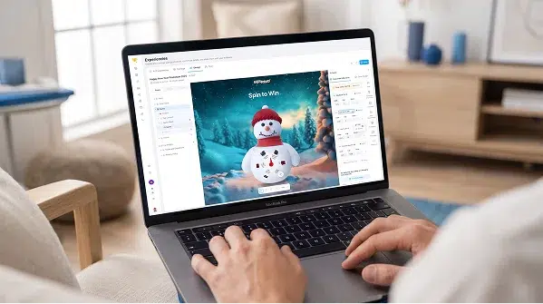 BeeLiked campaign builder open on a laptop for creating a branded reward experience.