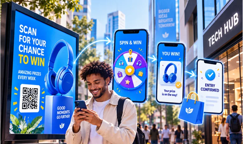 Interactive outdoor promotion connecting a digital billboard to a mobile prize experience