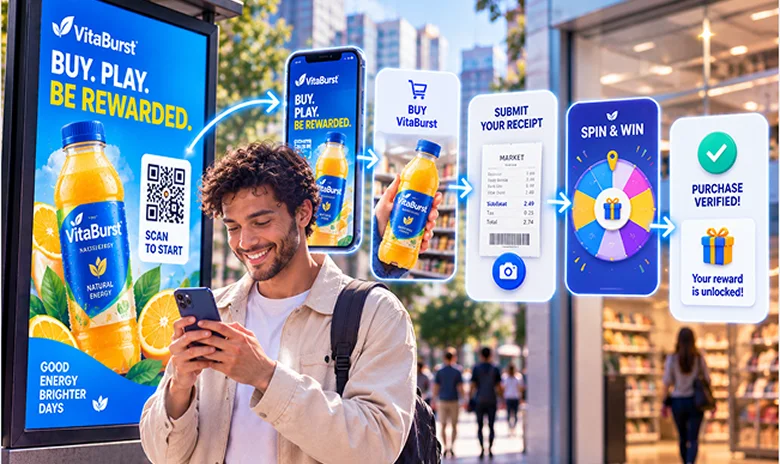 Receipt-verified outdoor promotion connecting a purchase to a branded reward