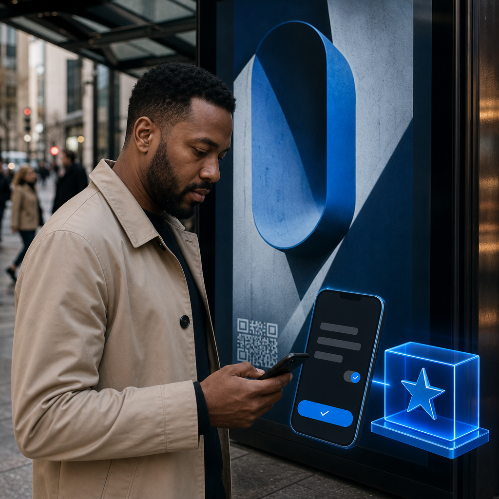 Person scanning an outdoor advertisement before entering a short branded promotion.