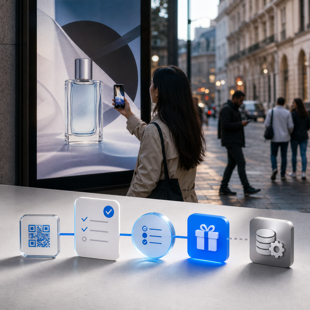 Outdoor promotion measurement journey from QR response to reward and CRM.