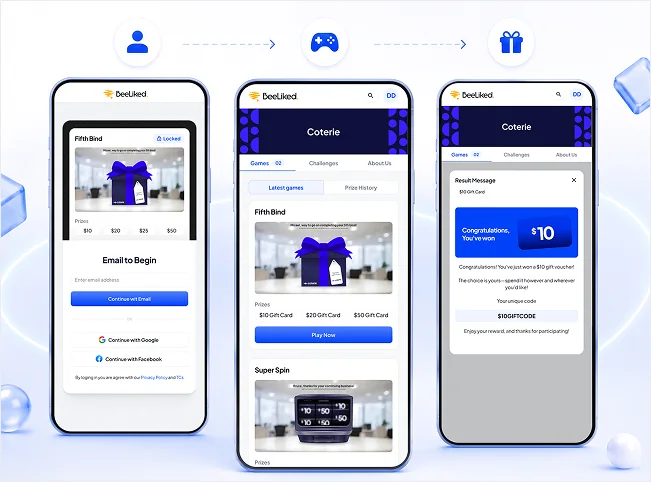 Three-screen partner portal journey from sign-in to game selection and a $10 reward result