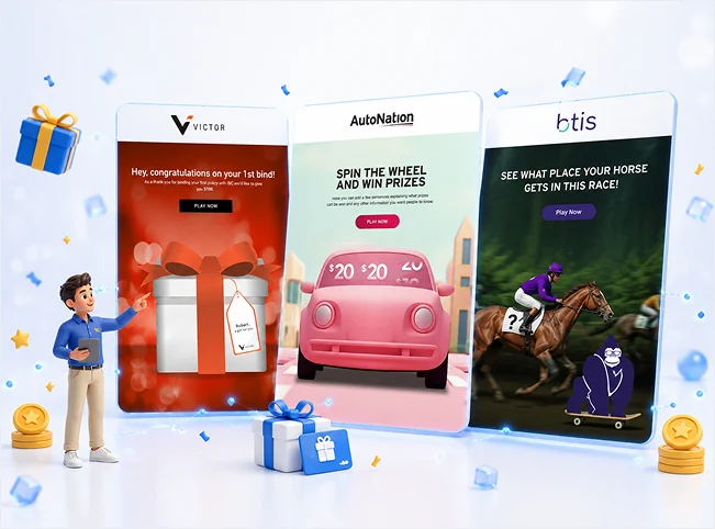 Three branded sales incentive games featuring a gift, prize wheel and horse race