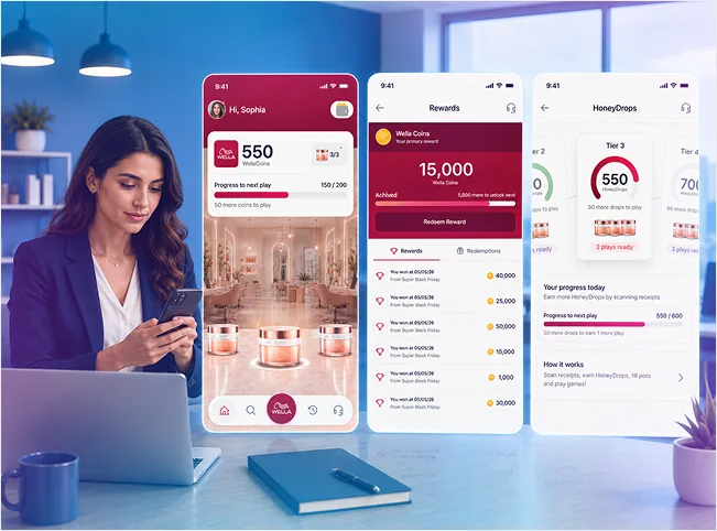Channel partner viewing points balances and reward progress across a branded mobile rewards experience