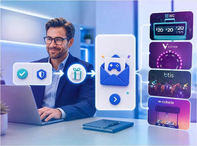 Insurance broker incentive journey from verified activity to a branded reward game, with ISC, Victor, BTIS and Coterie examples