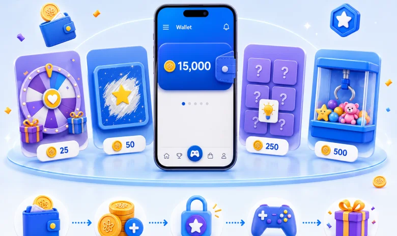 Points-to-play games and reward options connected to a digital wallet