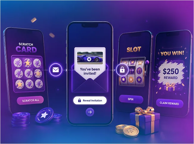 Secure invitation leading to branded scratch-card and slot games with an instant-win reward