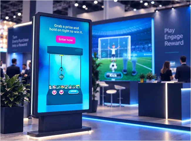 Interactive prize game kiosk beside a branded football activation at a trade show
