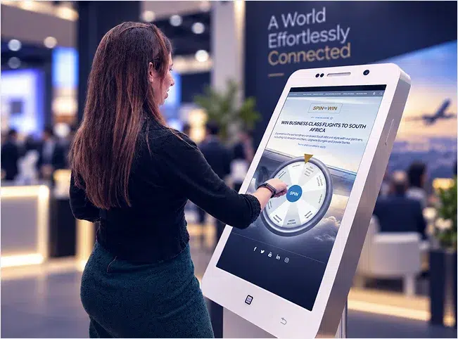 Event attendee playing a spin-to-win game on a touchscreen kiosk