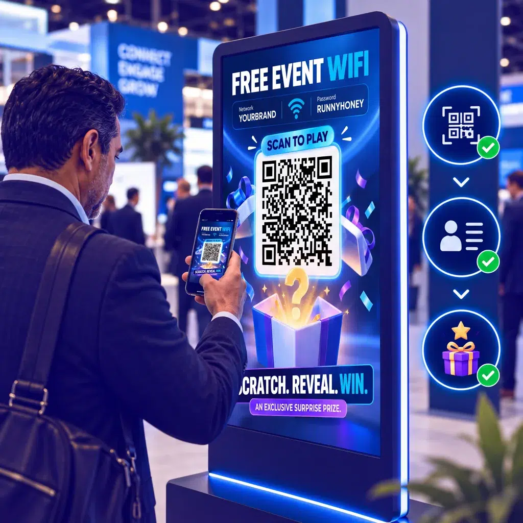 Trade show attendee scanning a QR code to join an interactive lead capture experience