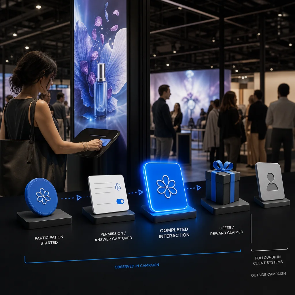 A branded event interaction journey from participation and permissioned capture to reward and follow-up